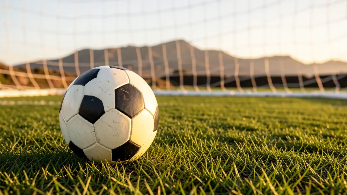 Generic image of a soccer ball on grass with the goal net out of focus.