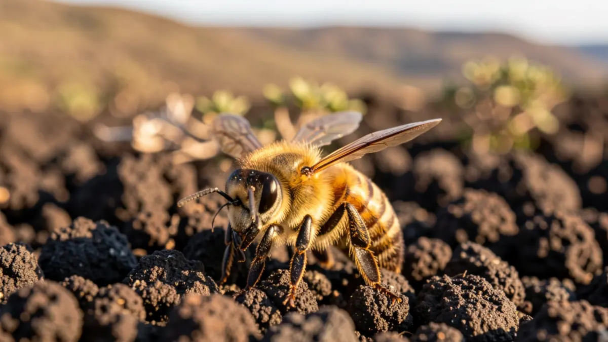 Primer plano de una abeja reina sobre un fondo de paisaje volcánico de Canarias.