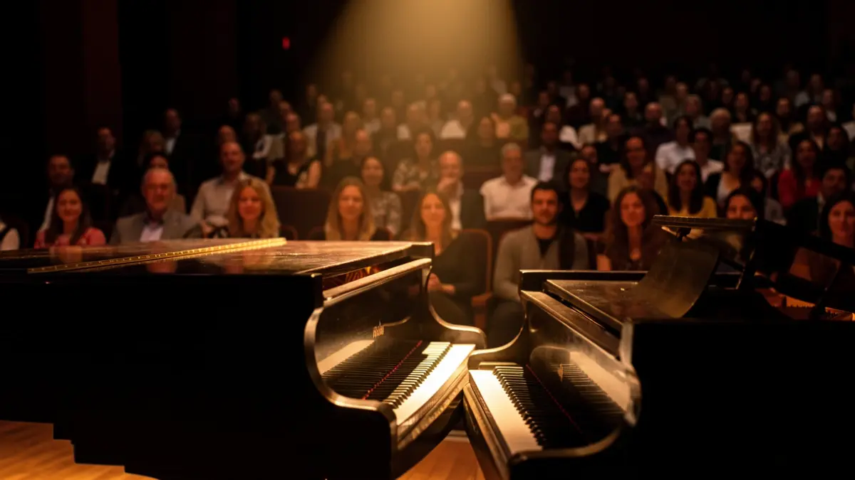 A piano on a stage with a spotlight, blurred audience in the background.