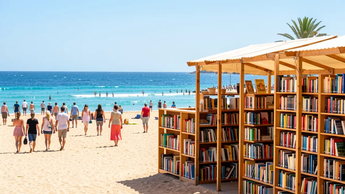 Imagen de la biblioteca de verano en la Playa Grande de Puerto del Carmen, Lanzarote, con estanterías de libros junto al mar.