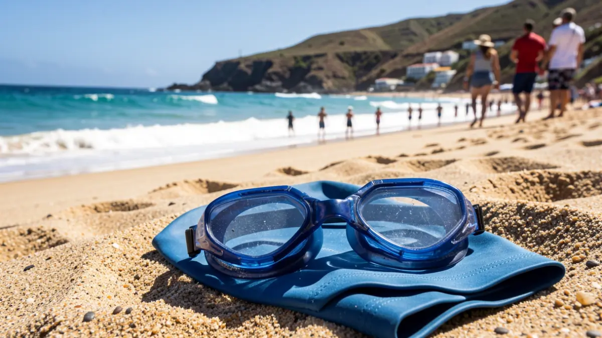 Swimming goggles and cap on the sand at a beach in La Gomera.