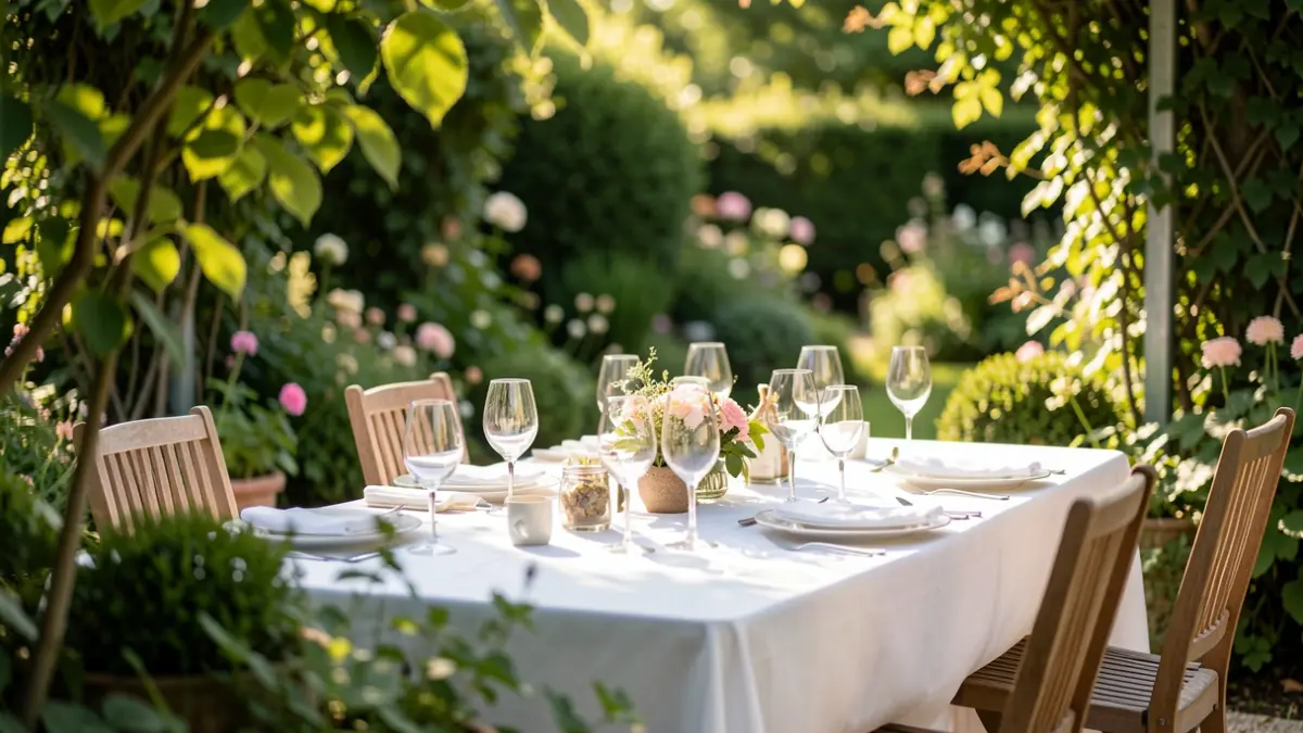 Imagen genérica de una mesa elegantemente dispuesta en un jardín con vegetación exuberante.