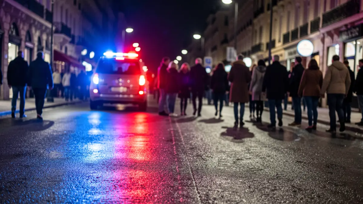 Generic image of police emergency lights reflecting on wet asphalt.