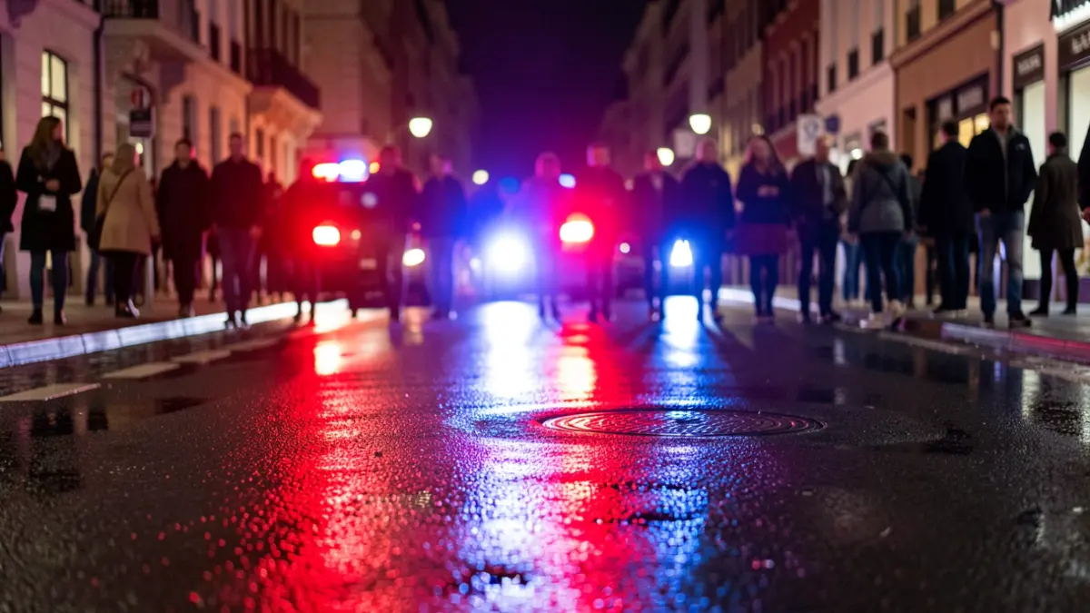 Generic image of police emergency lights reflecting on wet asphalt at night.