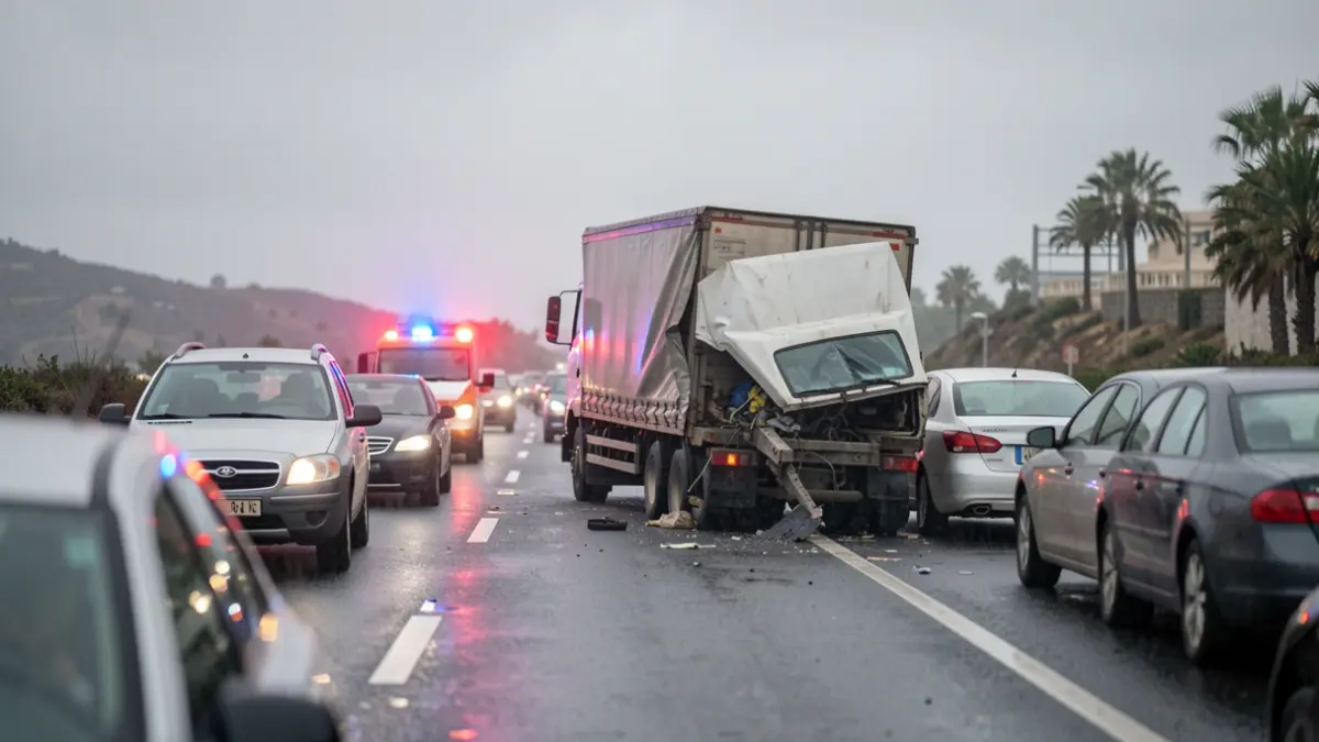 Generic image of a highway traffic jam in the Canary Islands with a broken-down truck and emergency lights.