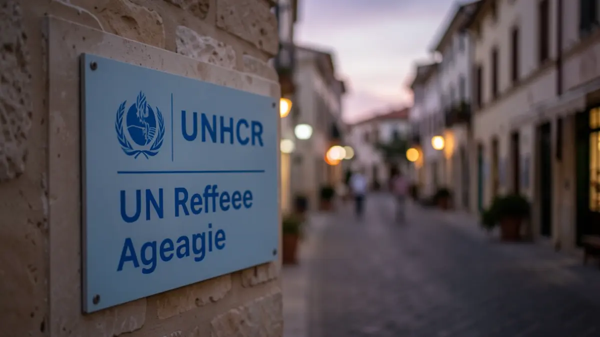 Generic image of a UNHCR (UN Refugee Agency) sign with a blurred urban background at dusk.