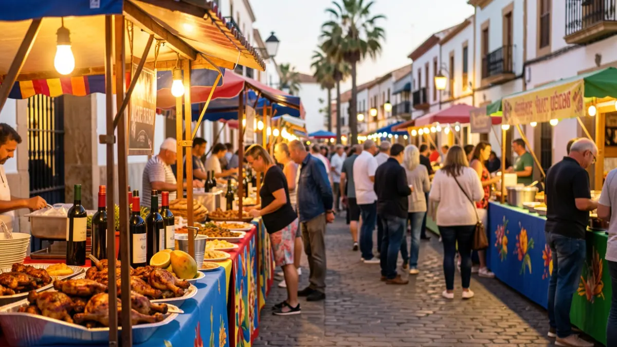 Imagen genérica de una feria gastronómica en Adeje con puestos de comida y gente disfrutando.