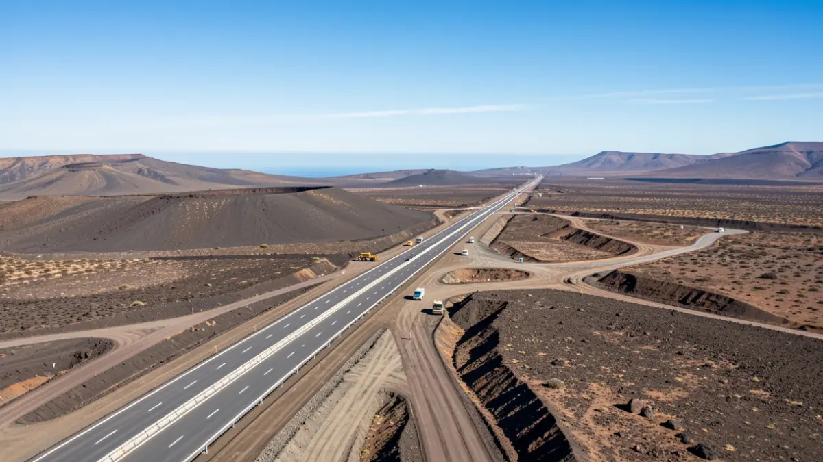 Aerial view of the North-South highway construction in Fuerteventura.