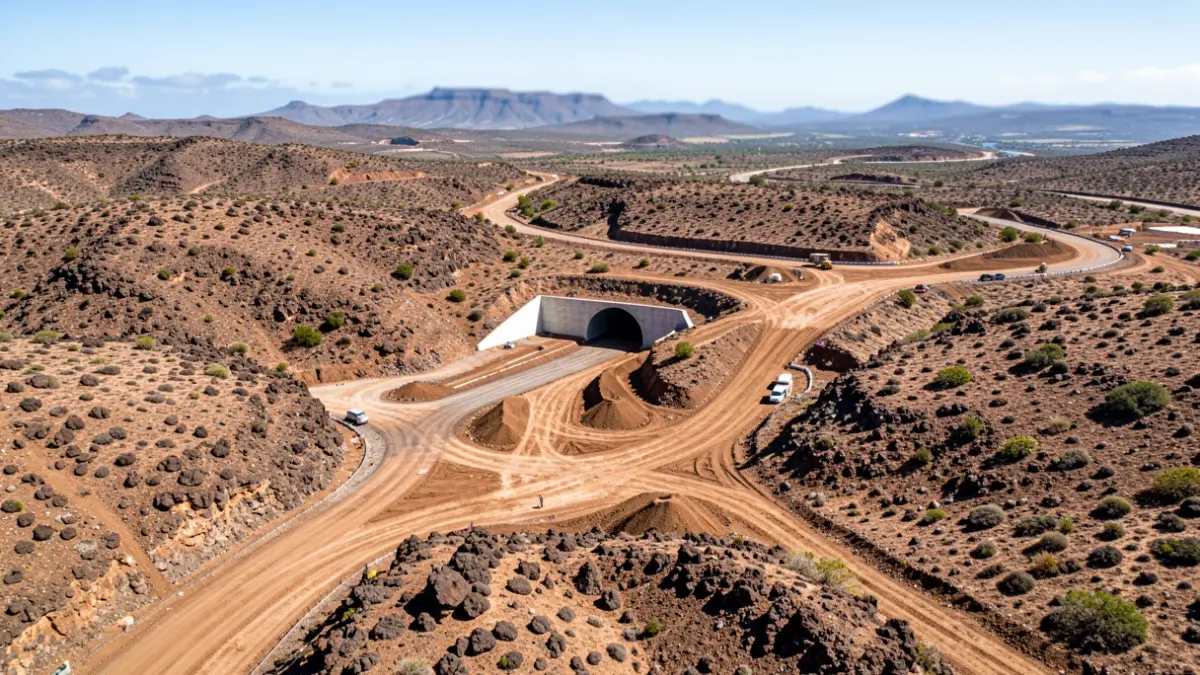 Imagen aérea de obras de construcción de una carretera en Fuerteventura, incluyendo un túnel.