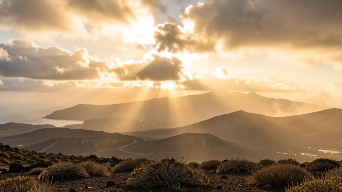 Generic image of a sky with haze and intense sun over a volcanic landscape in the Canary Islands.