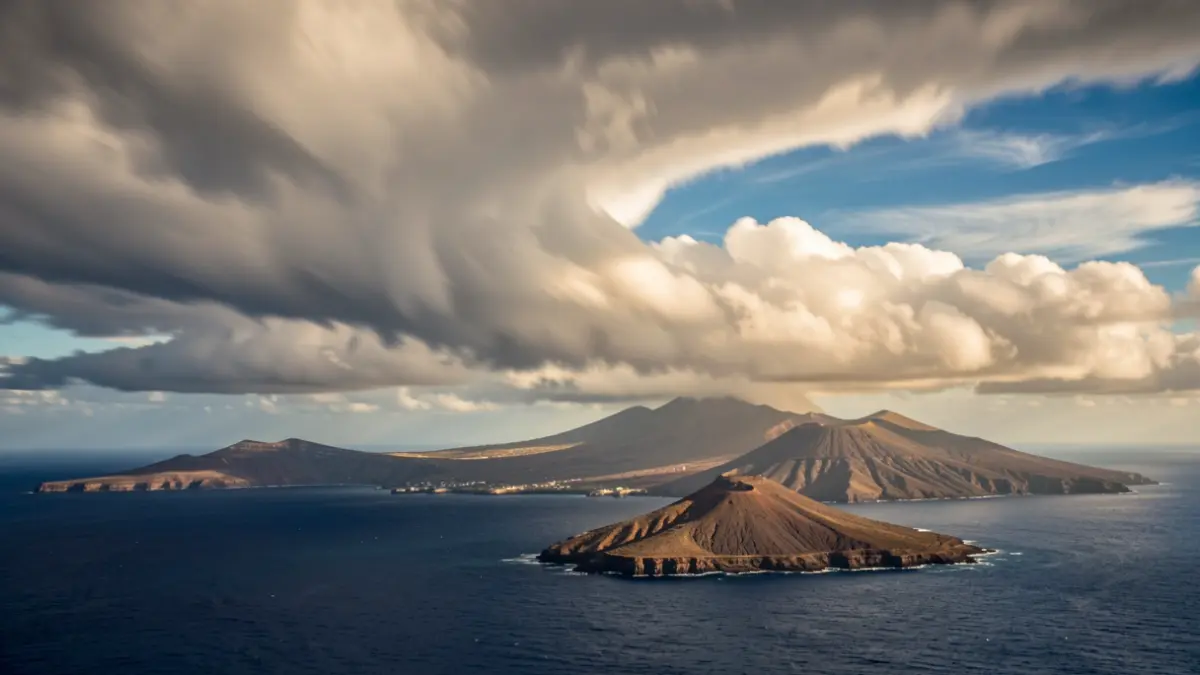 Imagen genérica de un cielo tormentoso sobre un paisaje volcánico de Canarias con sol intenso.