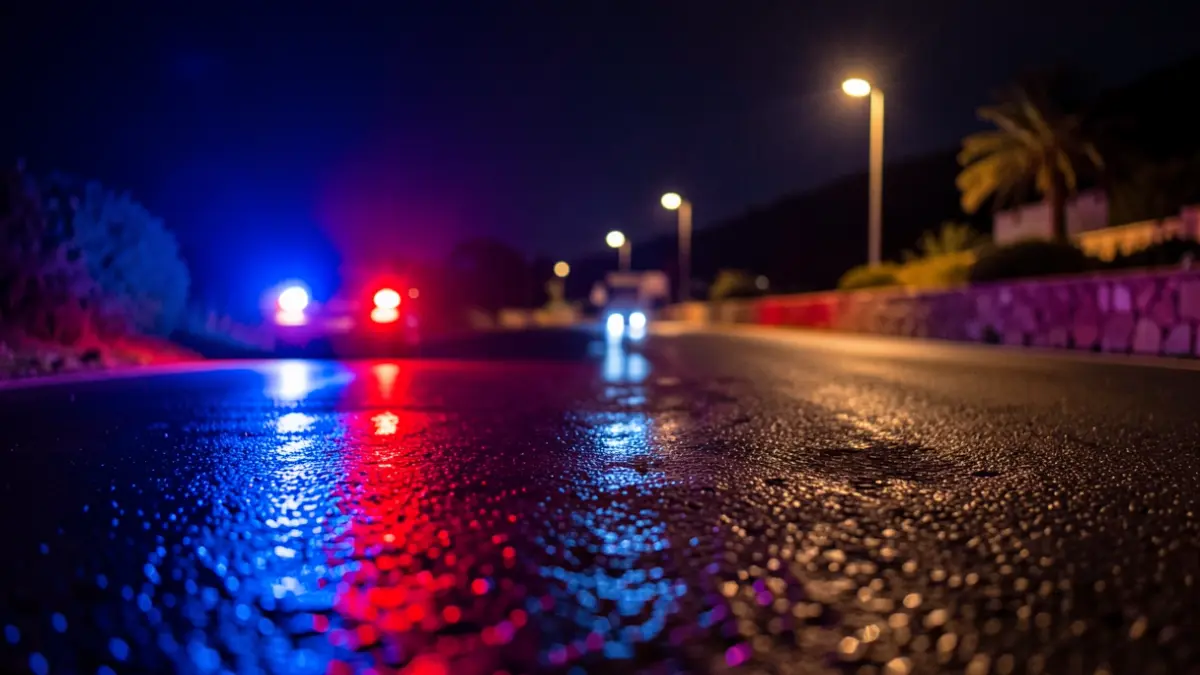Imagen genérica de luces de emergencia policiales reflejándose en el asfalto mojado.