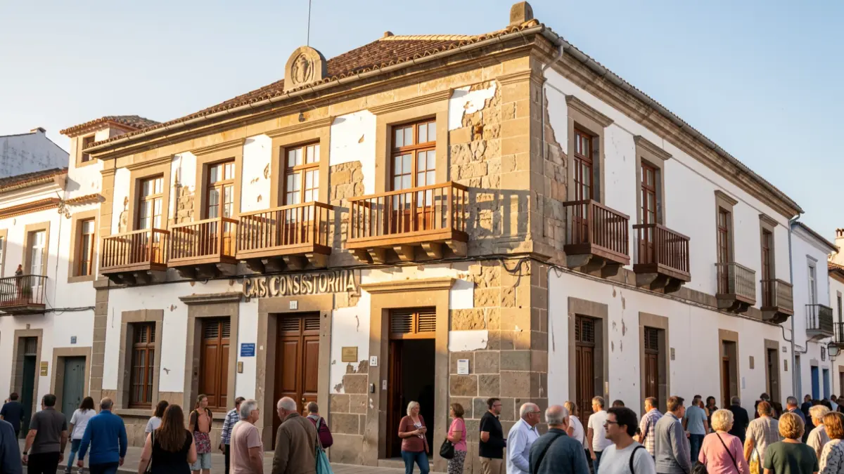 Facade of the Agaete Town Hall, a historic building with Canary Islands architecture.