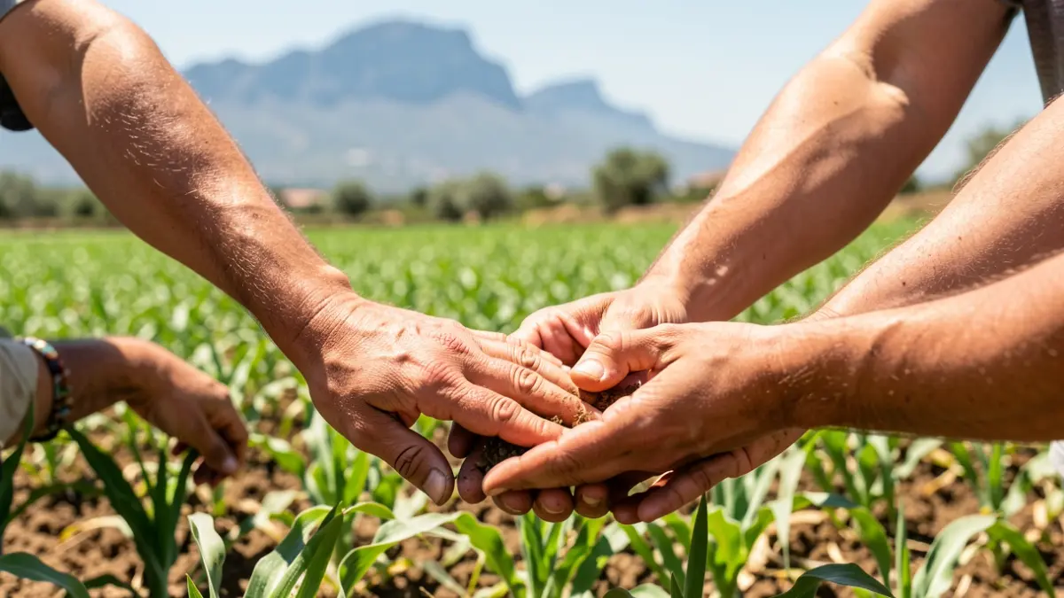 Manos diversas trabajando juntas en un campo agrícola fértil, simbolizando la esperanza y la colaboración en el mundo rural.