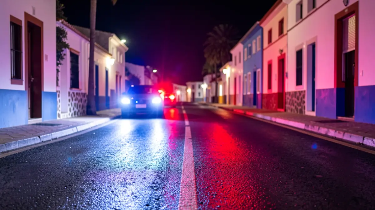 Imagen genérica de luces de emergencia policiales reflejándose en el asfalto mojado.