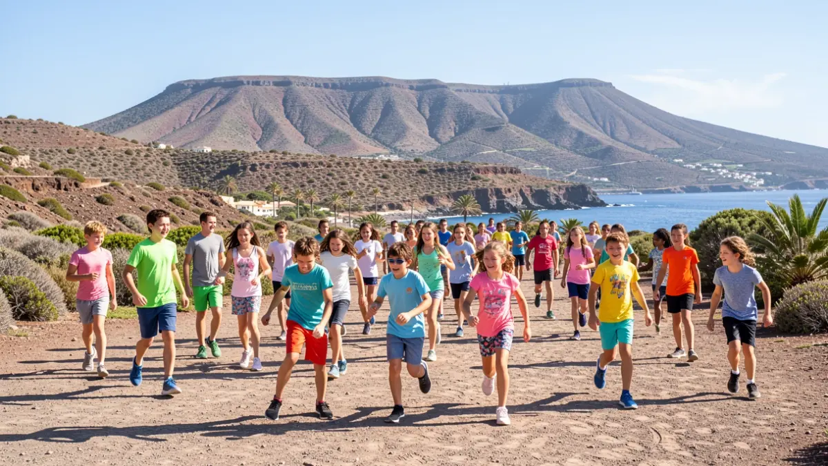 Generic image of children and young people participating in outdoor sports activities in a Canary Islands landscape.