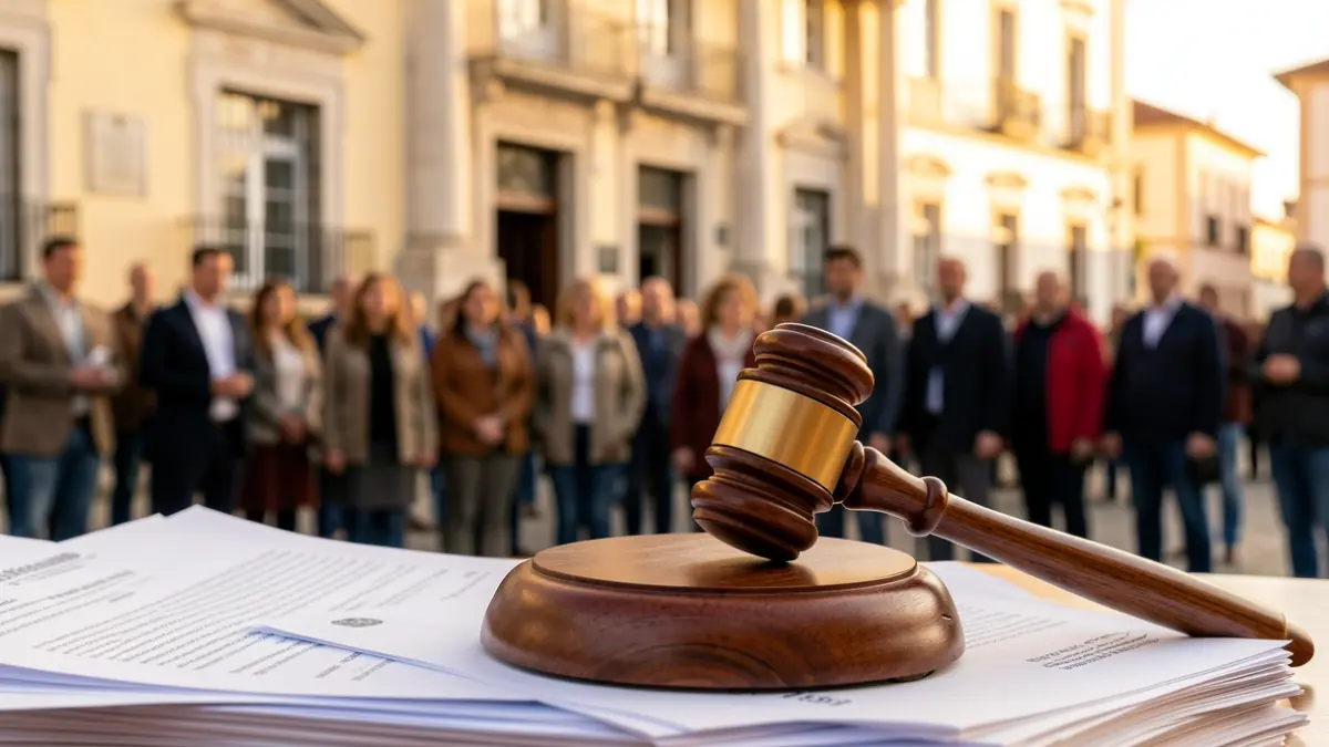 Primer plano de un mazo de madera sobre documentos oficiales, con la fachada de un ayuntamiento canario al fondo.