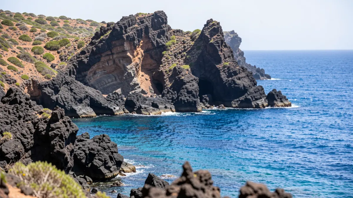 Generic image of a volcanic coastline in the Canary Islands with rock formations and blue sea, representing a protected natural area.