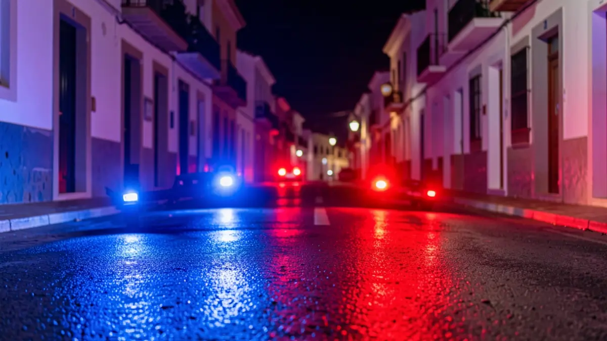 Generic image of police emergency lights reflecting on wet asphalt at night.