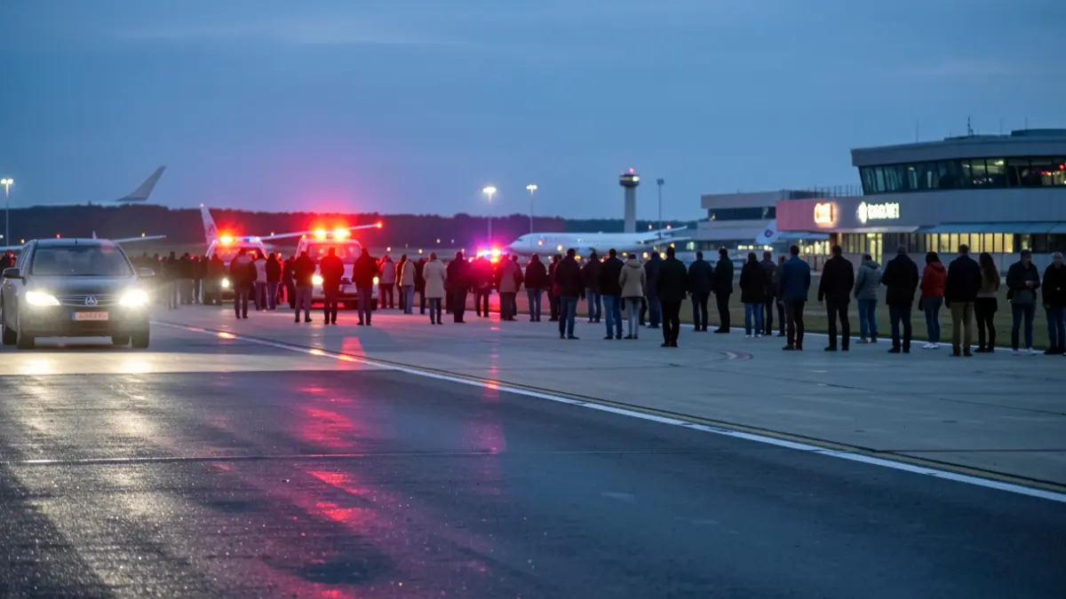 Imagen genérica de una pista de aeropuerto al anochecer con luces de emergencia.