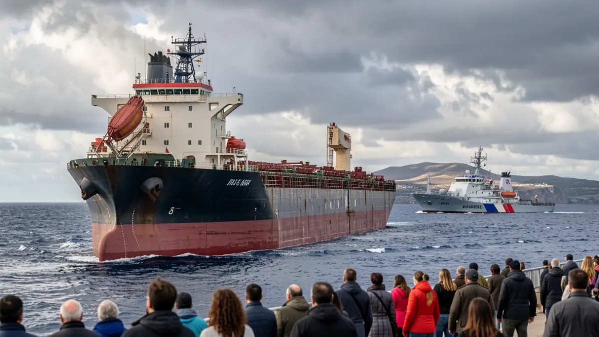 Primer plano de un petrolero ruso cerca de las Islas Canarias con una patrullera española al fondo.