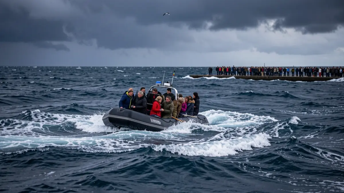 Generic image of a precarious boat with people on board in the open sea.