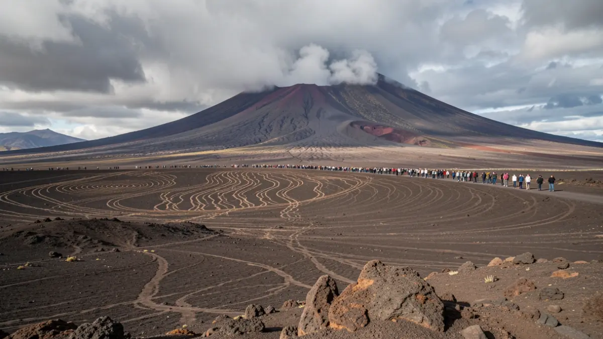 Imagen genérica de un paisaje volcánico en Tenerife con el Teide y sutiles ondas sísmicas en el terreno.