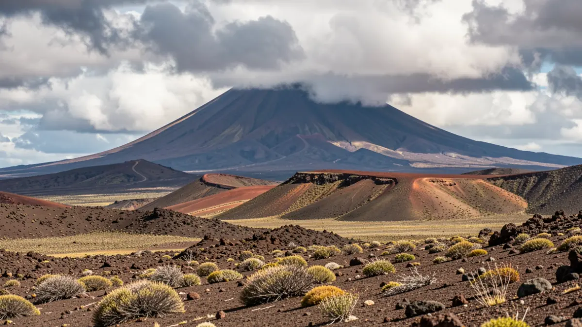 Paisaje volcánico de Tenerife con el Teide y nubes dramáticas.