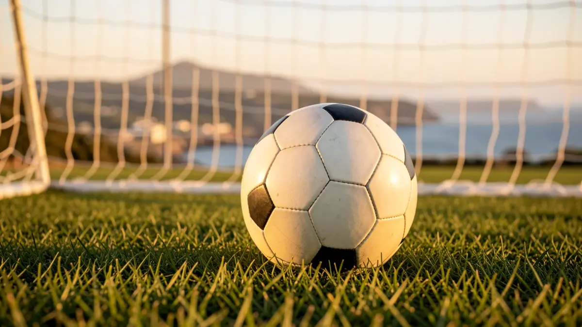 Imagen genérica de un balón de fútbol sobre césped con la red de portería desenfocada.