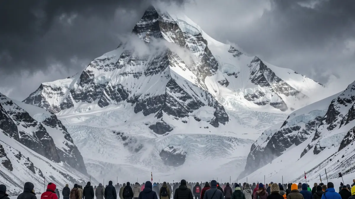 Generic image of an extreme, wind-swept mountain peak in harsh weather conditions.