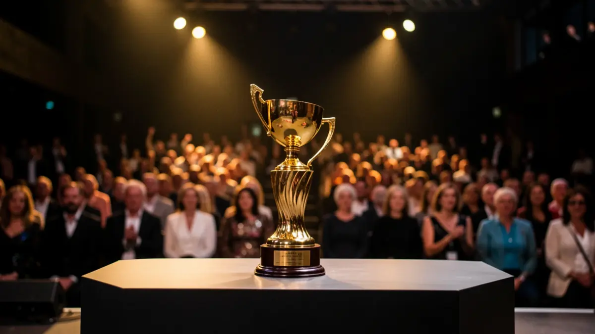 Imagen genérica de una ceremonia de premios con un trofeo dorado en un escenario.