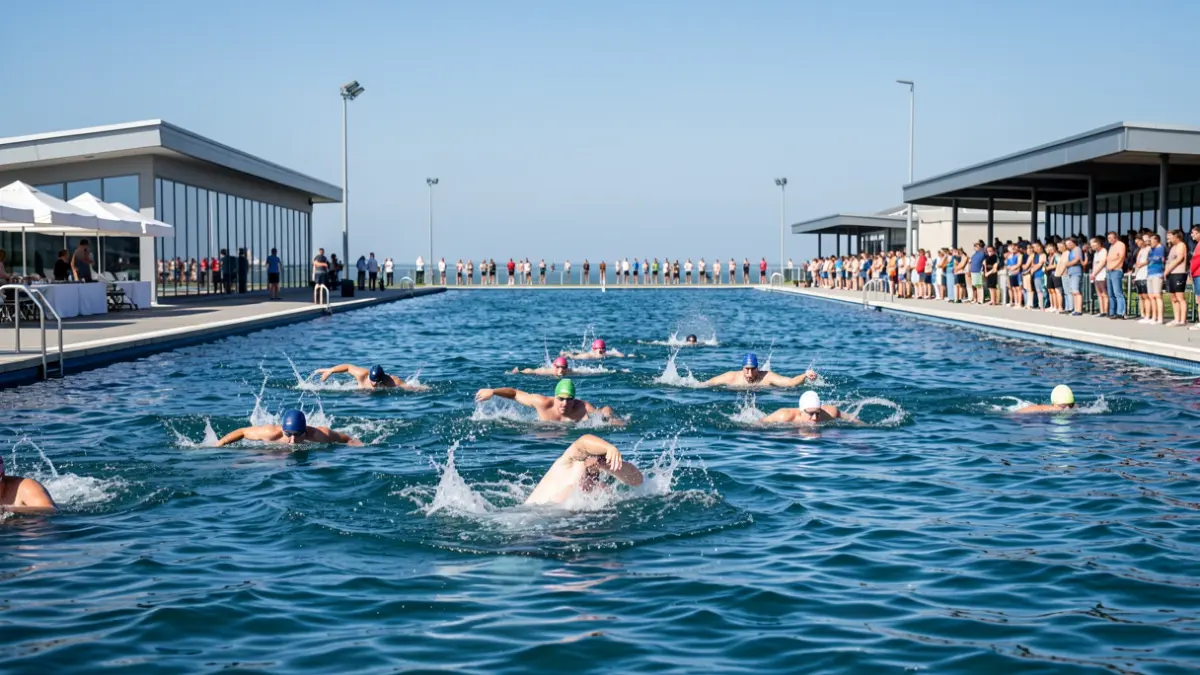 Swimmers training in open water in Gran Canaria.