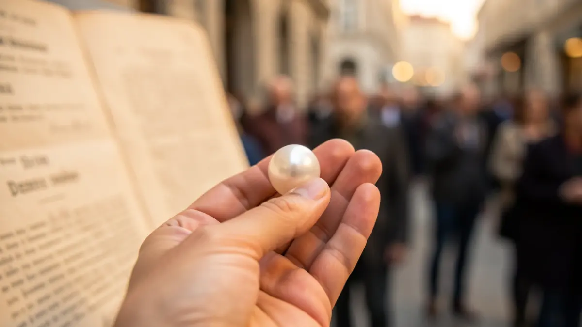 Close-up of a hand holding a pearl, symbolizing democracy, with a blurred background of historical documents and a digital interface.
