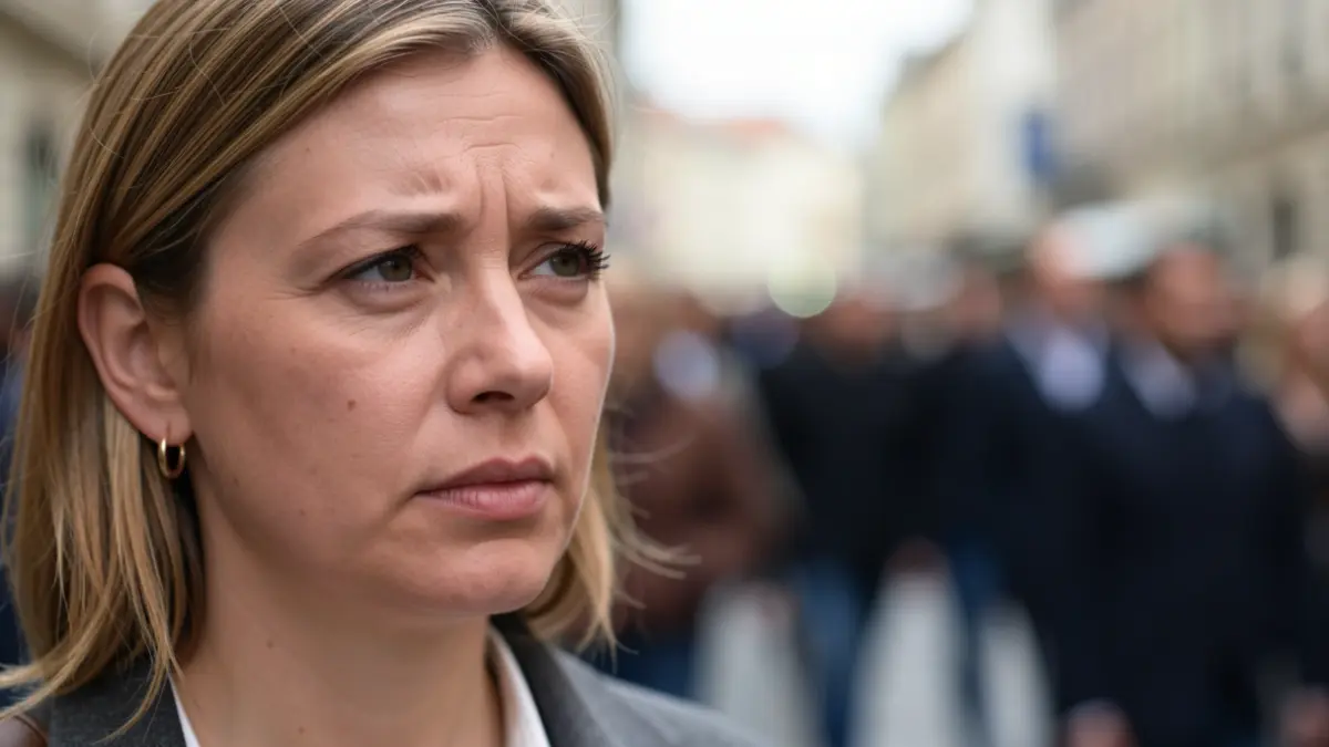 Close-up of a woman's face with a thoughtful expression, soft natural lighting, blurred background.