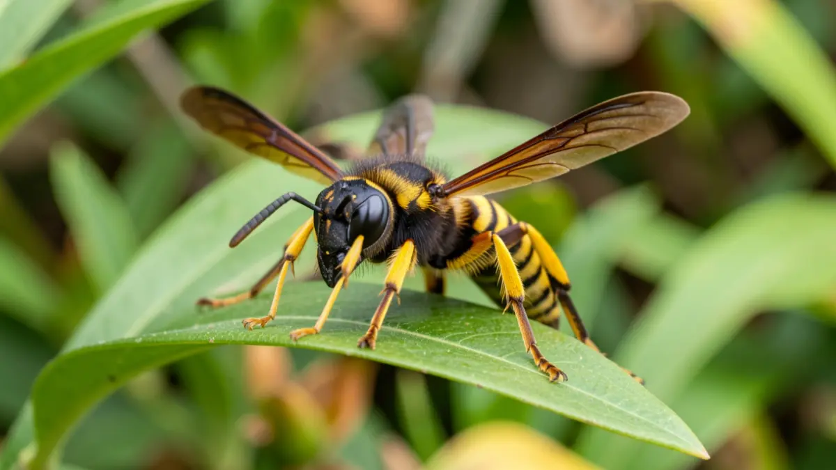 Close-up of an Asian hornet on a leaf in the Canary Islands.