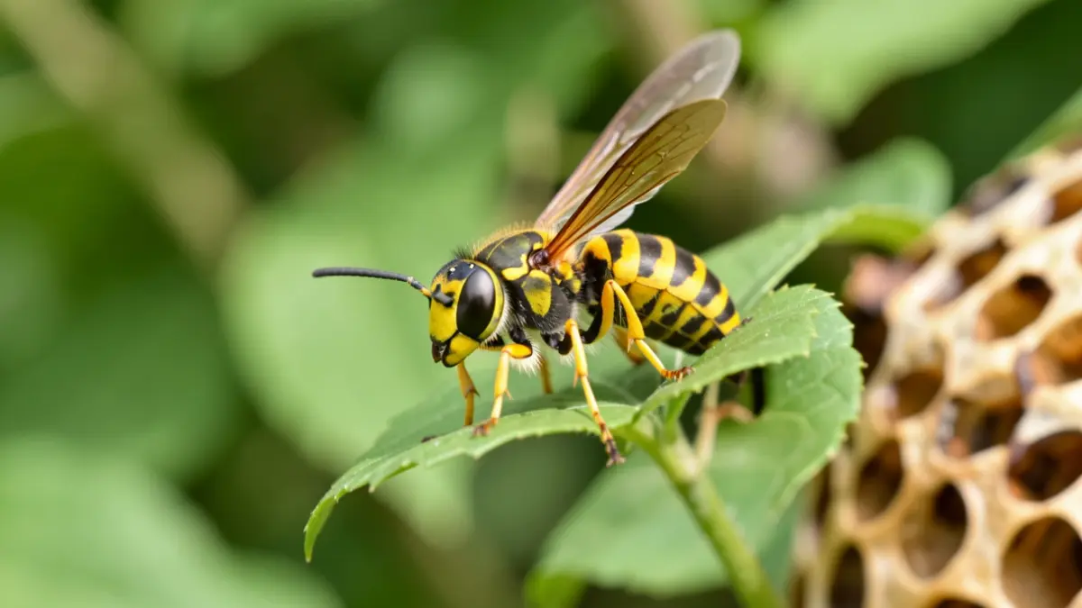 Primer plano de una avispa asiática (Vespa velutina) sobre un fondo desenfocado de hojas verdes.
