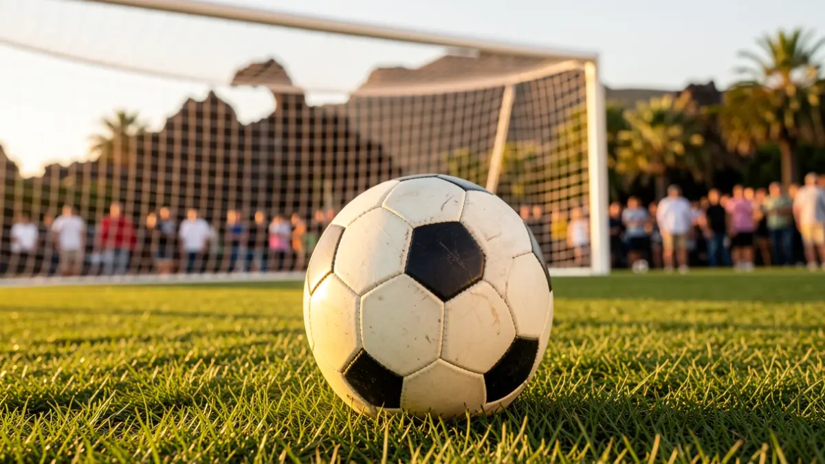 Generic image of a soccer ball on grass with the goal blurred in the background.