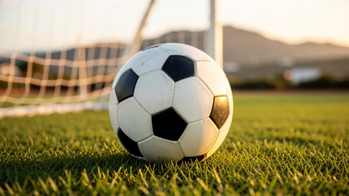 Generic image of a soccer ball on grass with the goal net out of focus.