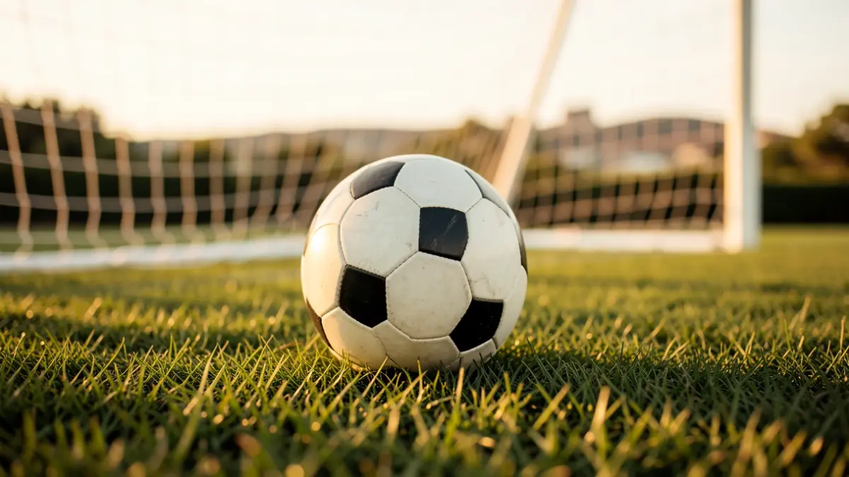 Generic image of a soccer ball on grass with the goal net blurred in the background.