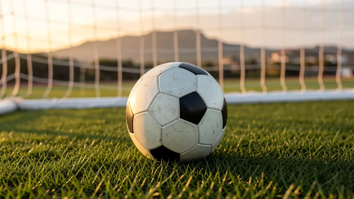 Imagen genérica de un balón de fútbol sobre césped con la red de portería desenfocada al fondo.