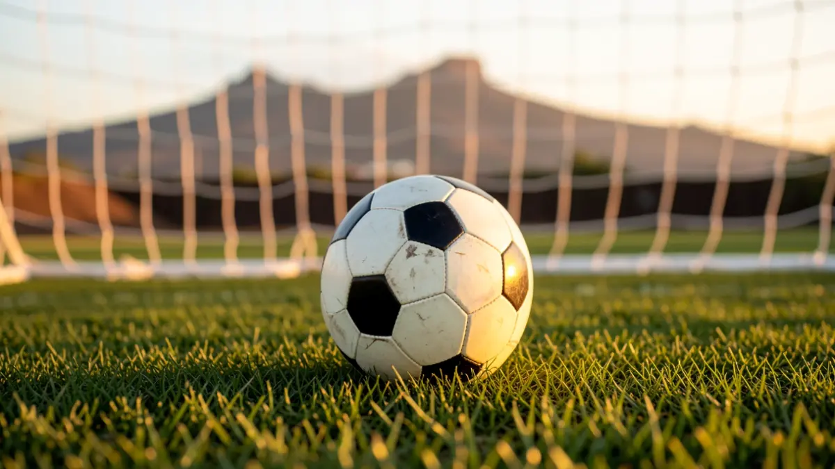 Imagen genérica de un balón de fútbol sobre césped con el paisaje volcánico de Gran Canaria al fondo.