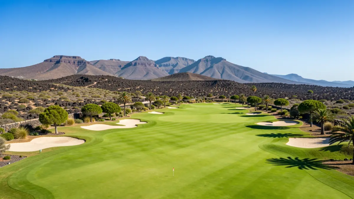 Aerial view of a golf course in the Canary Islands with volcanic landscape in the background.