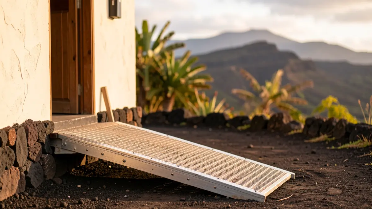 Imagen de una rampa de accesibilidad instalándose en la entrada de una vivienda en La Gomera.