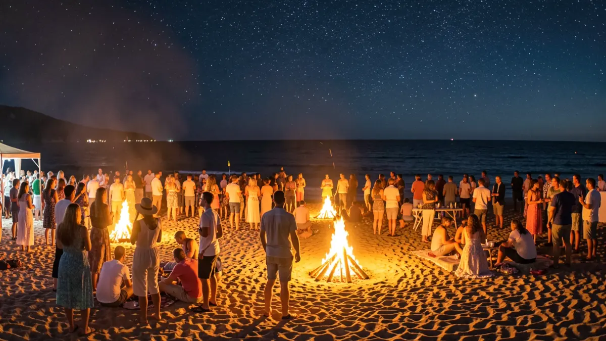 Imagen genérica de una noche de hogueras en una playa de Canarias con gente celebrando.