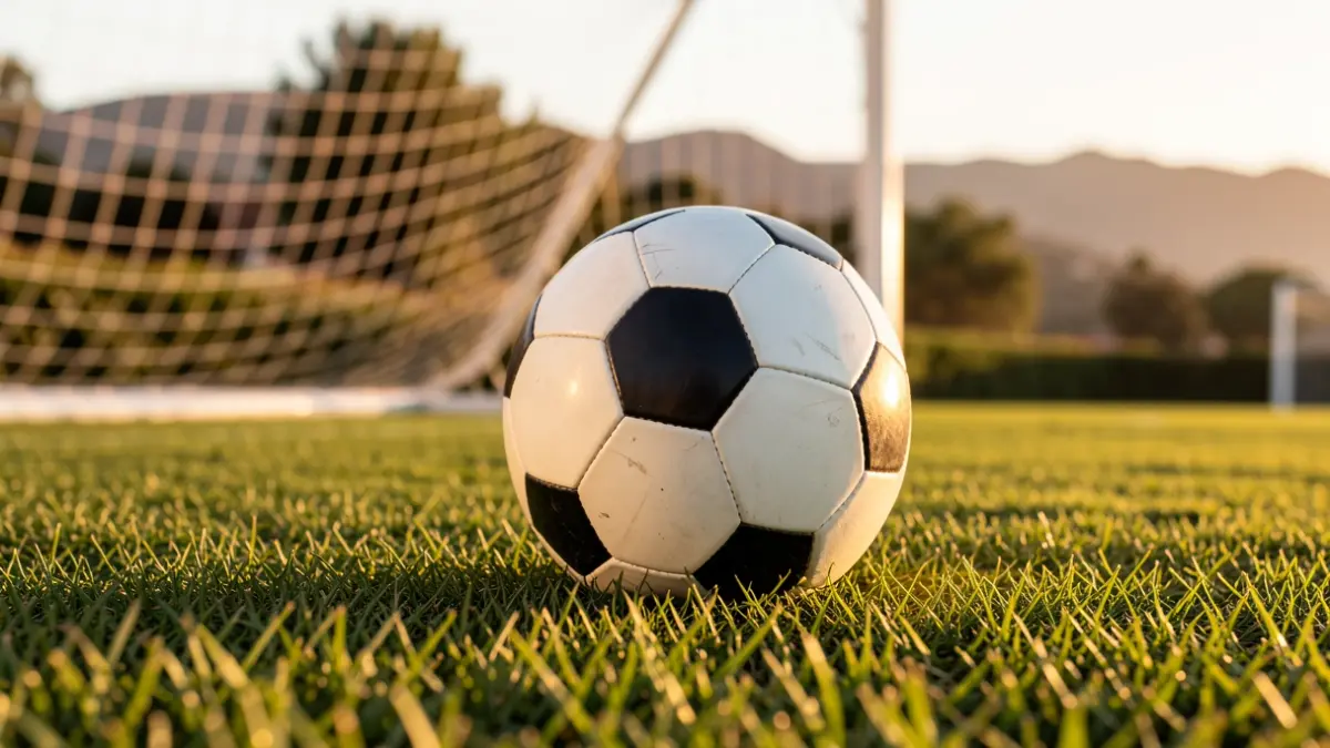 Imagen genérica de un balón de fútbol sobre césped con la red de portería desenfocada.