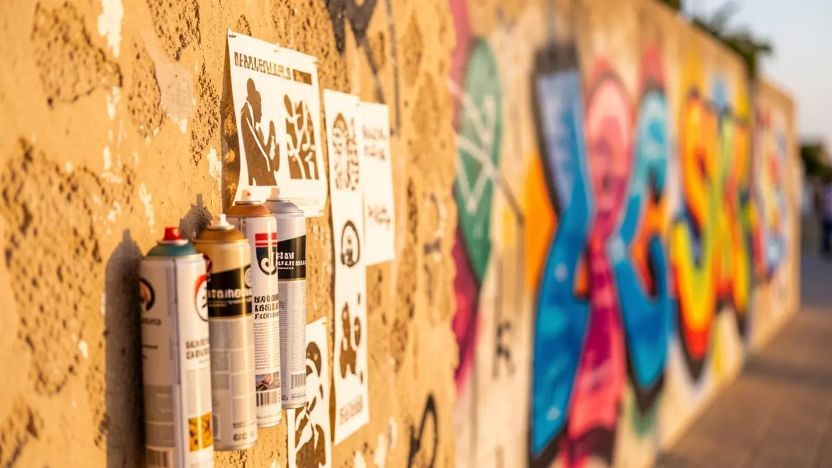 Urban art exhibition in Las Canteras, Gran Canaria. Close-up of spray paint cans and stencils on a textured wall, with blurred colorful graffiti in the background.