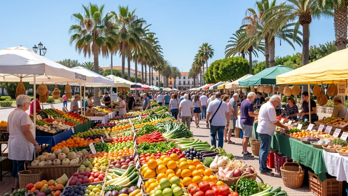 Imagen genérica de un mercado local al aire libre en Canarias con productos frescos y gente comprando.