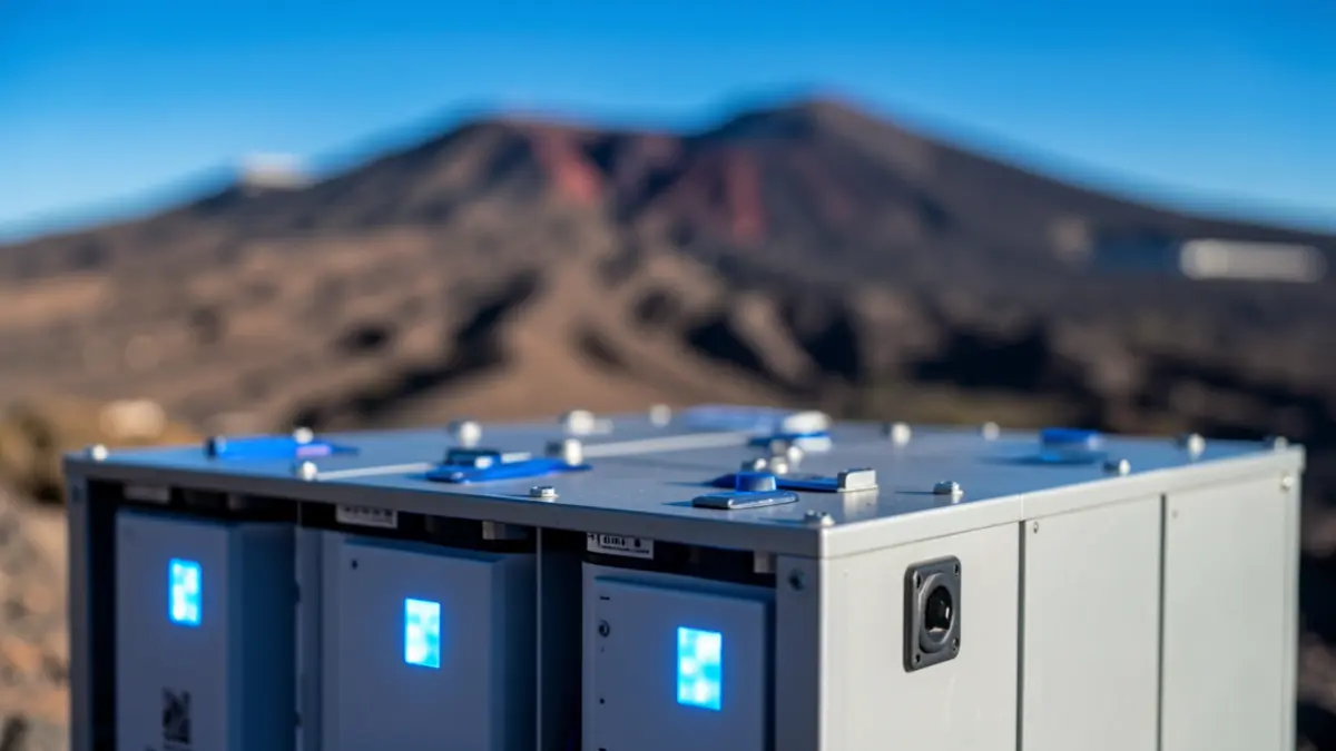 Image of an energy storage system with a volcanic landscape of the Canary Islands in the background.