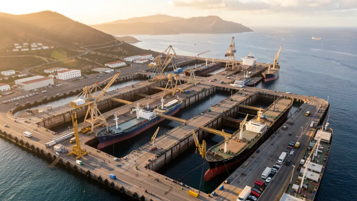 Aerial view of a shipyard in Gran Canaria with cranes and ships.
