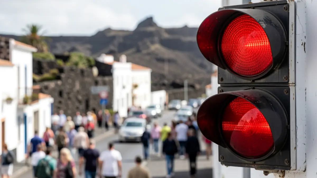 Close-up of a red traffic light on a street in the Canary Islands with volcanic landscape and traditional architecture in the background.